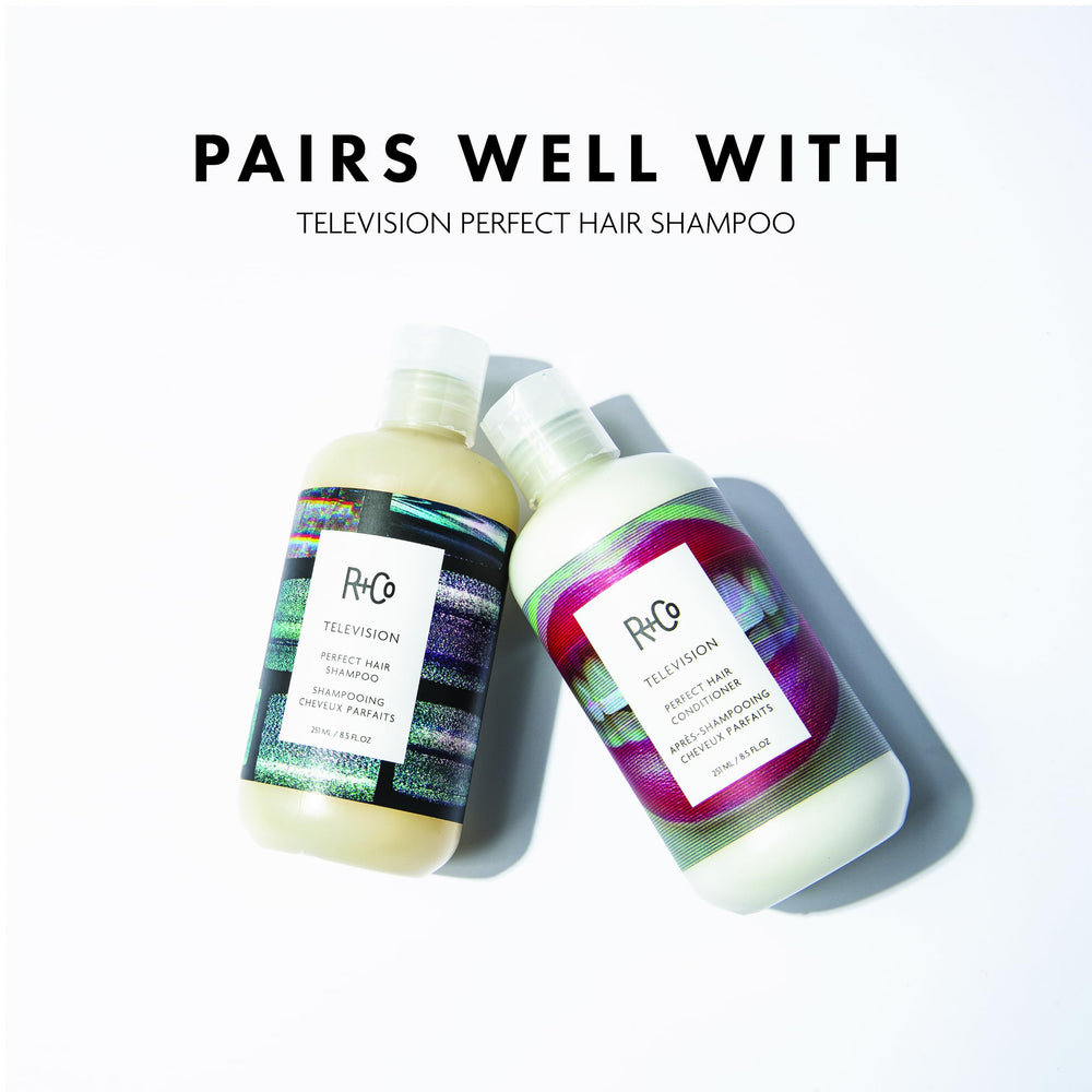 R+Co Television conditioner texture swirls emphasize rich conditioning formula.