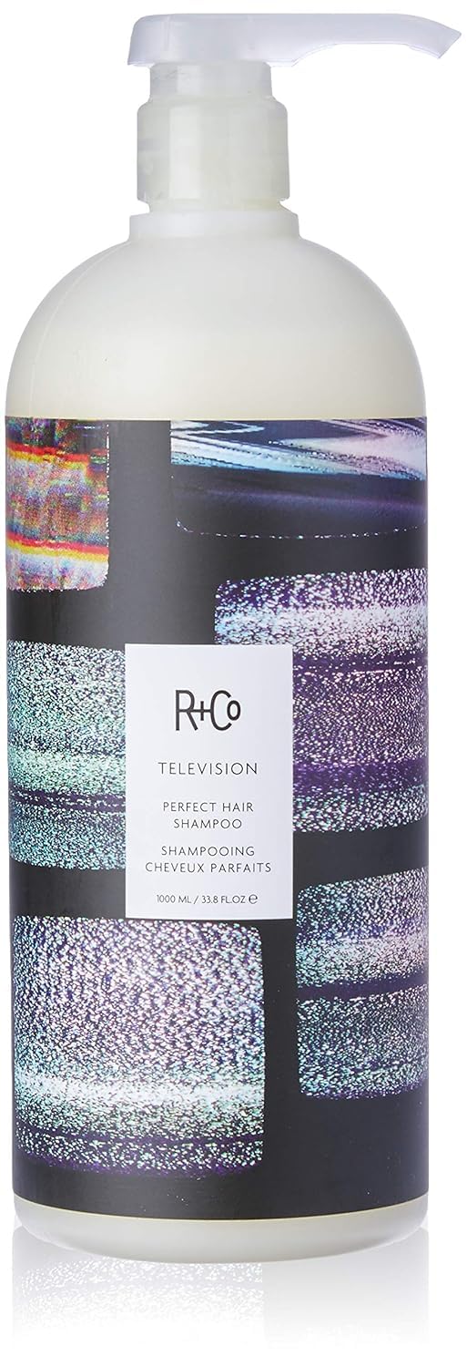 R+Co Television Perfect Hair Shampoo bottle on display highlighting body and shine.