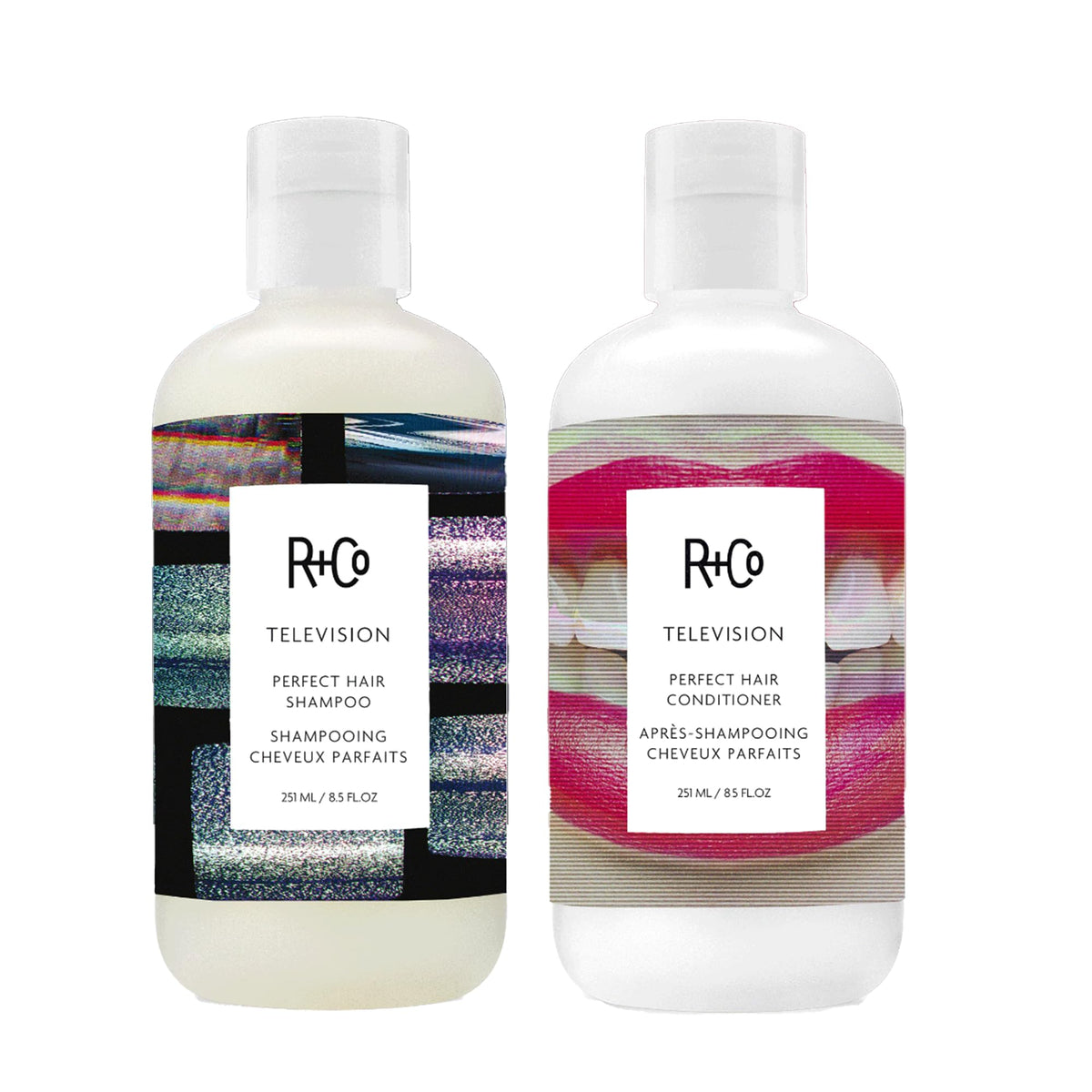 R+Co Television Perfect Hair Shampoo bottle with smoothing formula for frizz control.