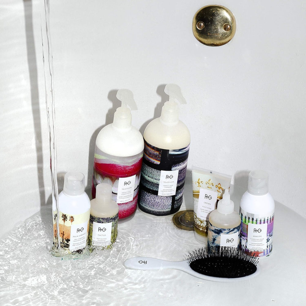 R+Co Television Perfect Hair Shampoo vegan cruelty-free formula label.