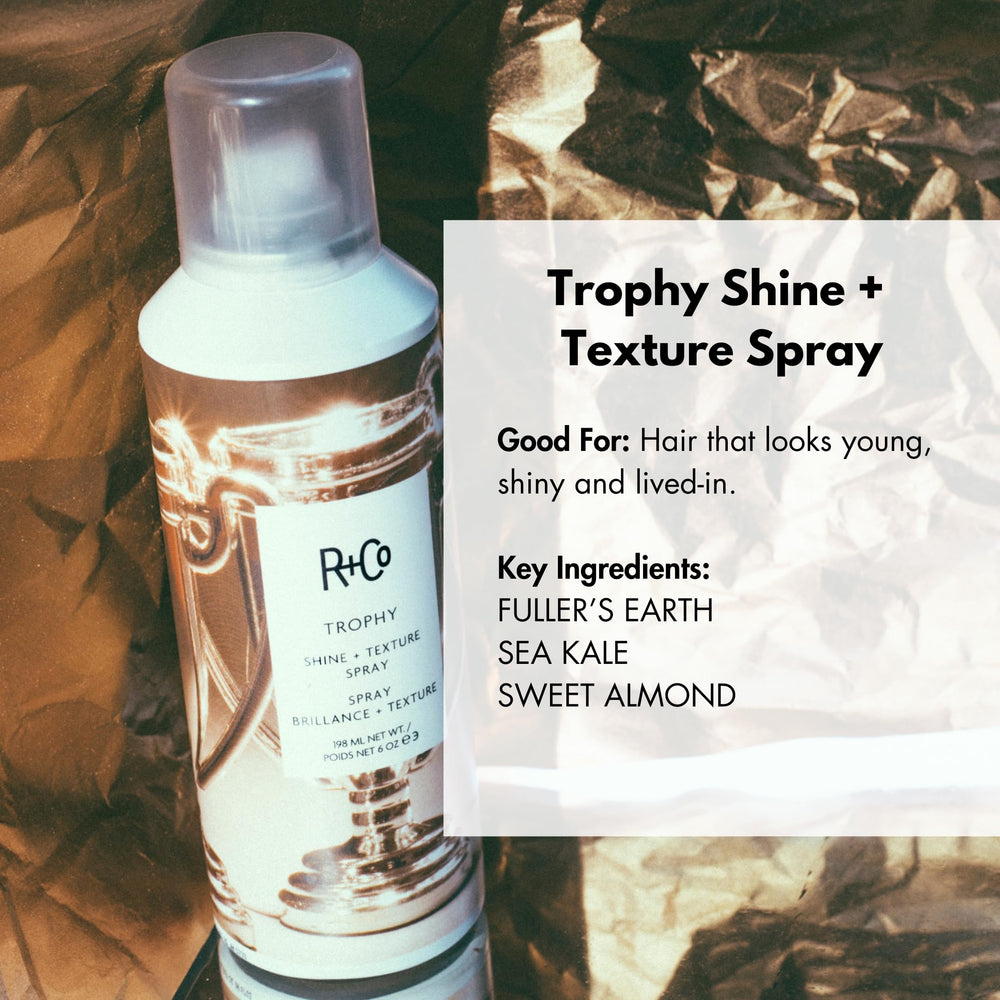 R+Co Trophy Shine + Texture Spray spray mist distributes even shine.