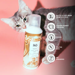 R+Co Trophy Shine + Texture Spray volume-adding spray lifts hair.