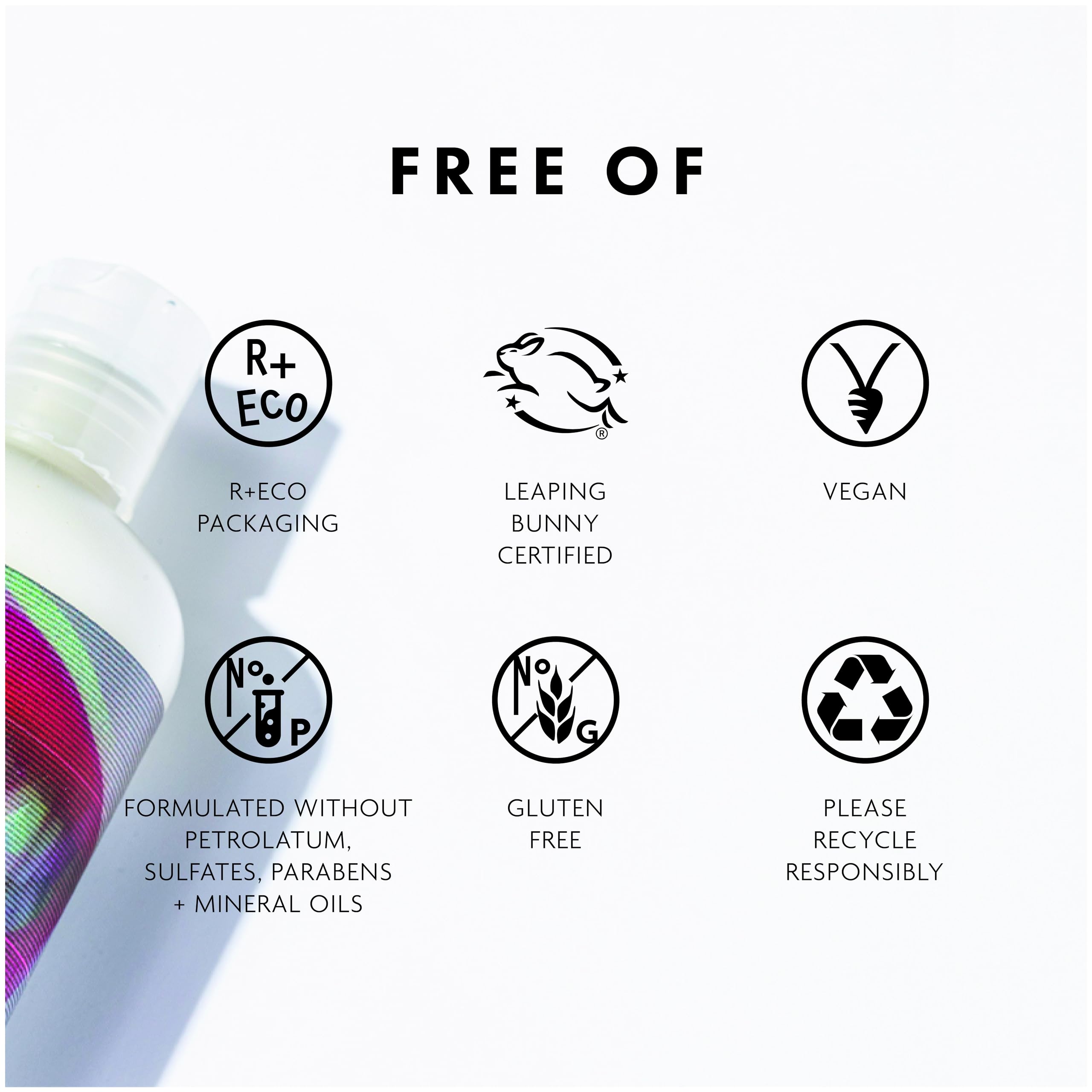 R+Co Television conditioner bottle with vegan symbol signals clean beauty.