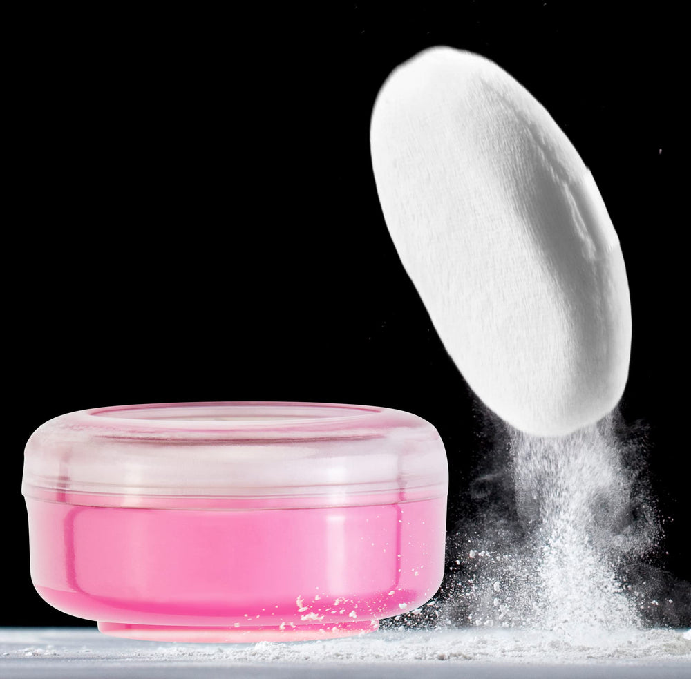 R-NEU body powder shown on skin for soft, dry feel.
