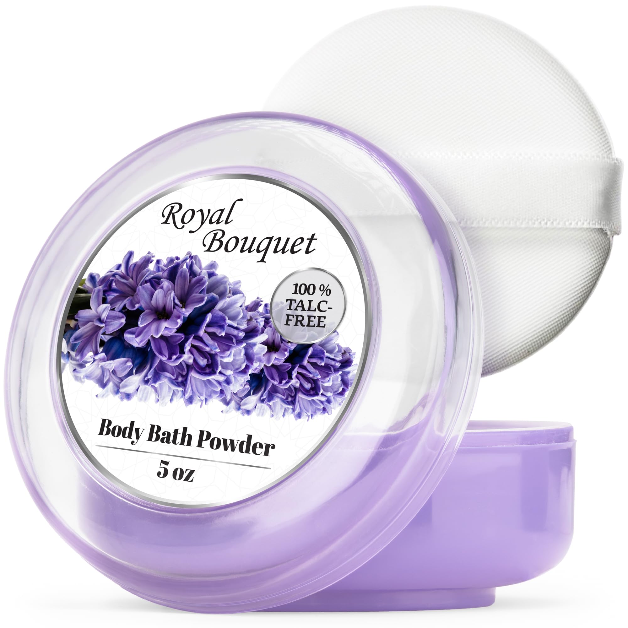 R-NEU body powder with plush puff for easy, mess-free application.