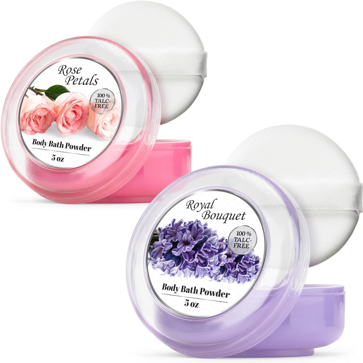 R-NEU body powder with rose petal scent and plush puff for easy application.