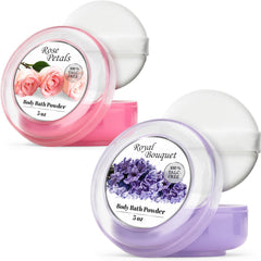 R-NEU body powder with rose petal scent and plush puff for easy application.