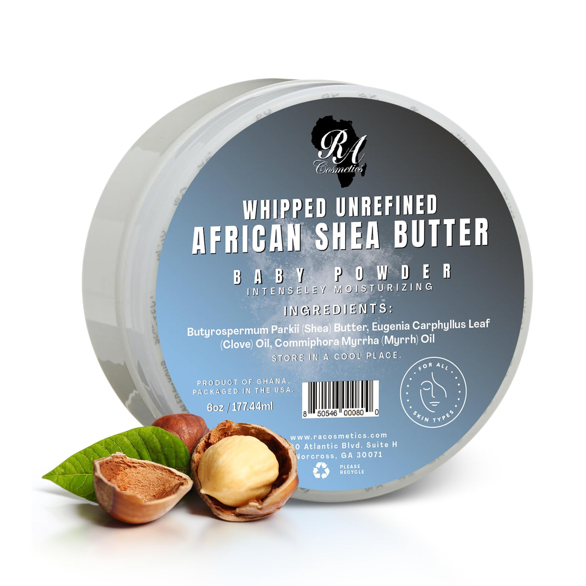 RA COSMETICS manteca de karité batida, polvo de bebé, hidratación suave y duradera.