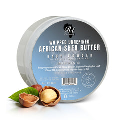 RA COSMETICS manteca de karité batida, polvo de bebé, hidratación suave y duradera.