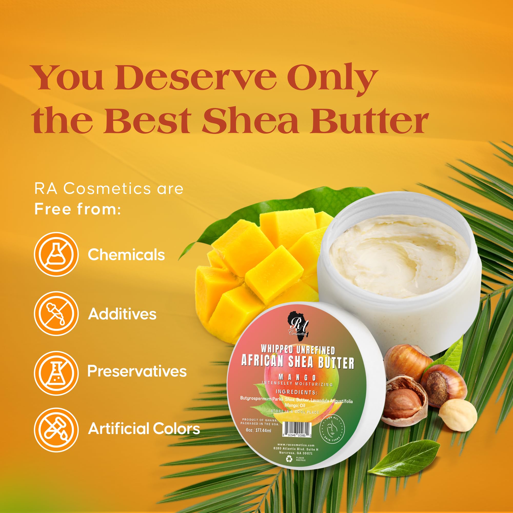 RA COSMETICS Manteca de Karité Mango, textura cremosa para cabello suave.