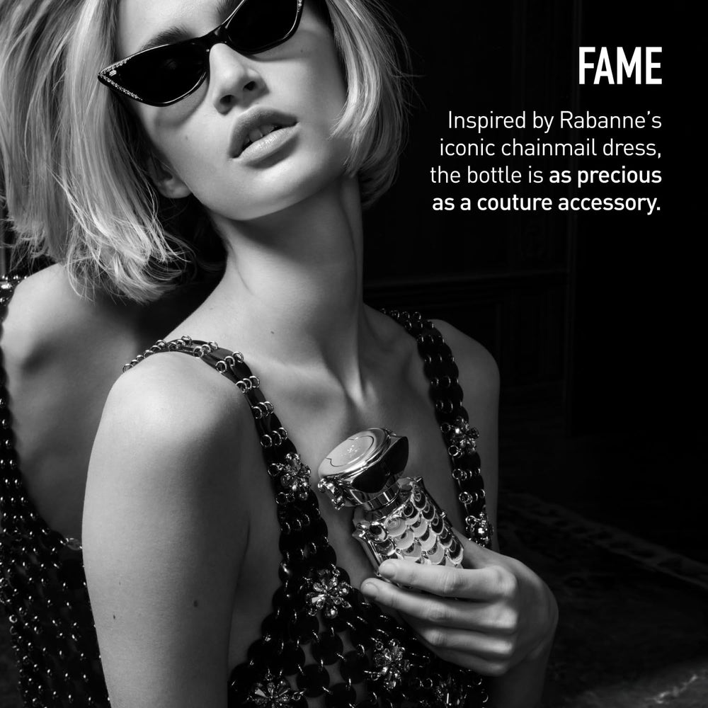 Rabanne Fame mango jasmine notes illustrated through vibrant, fragrant imagery.