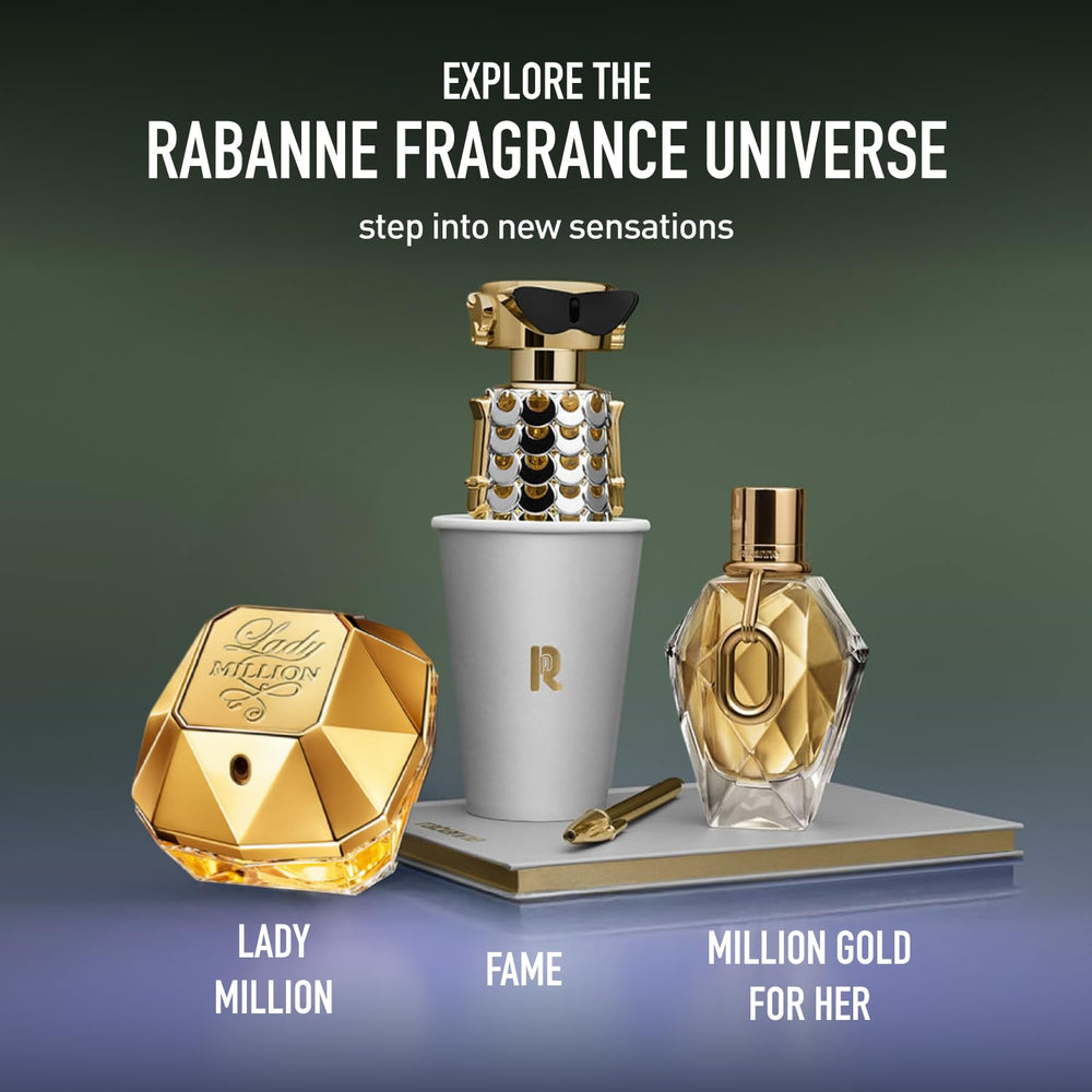 Rabanne Fame packaging conveys sustainable luxury and iconic style.