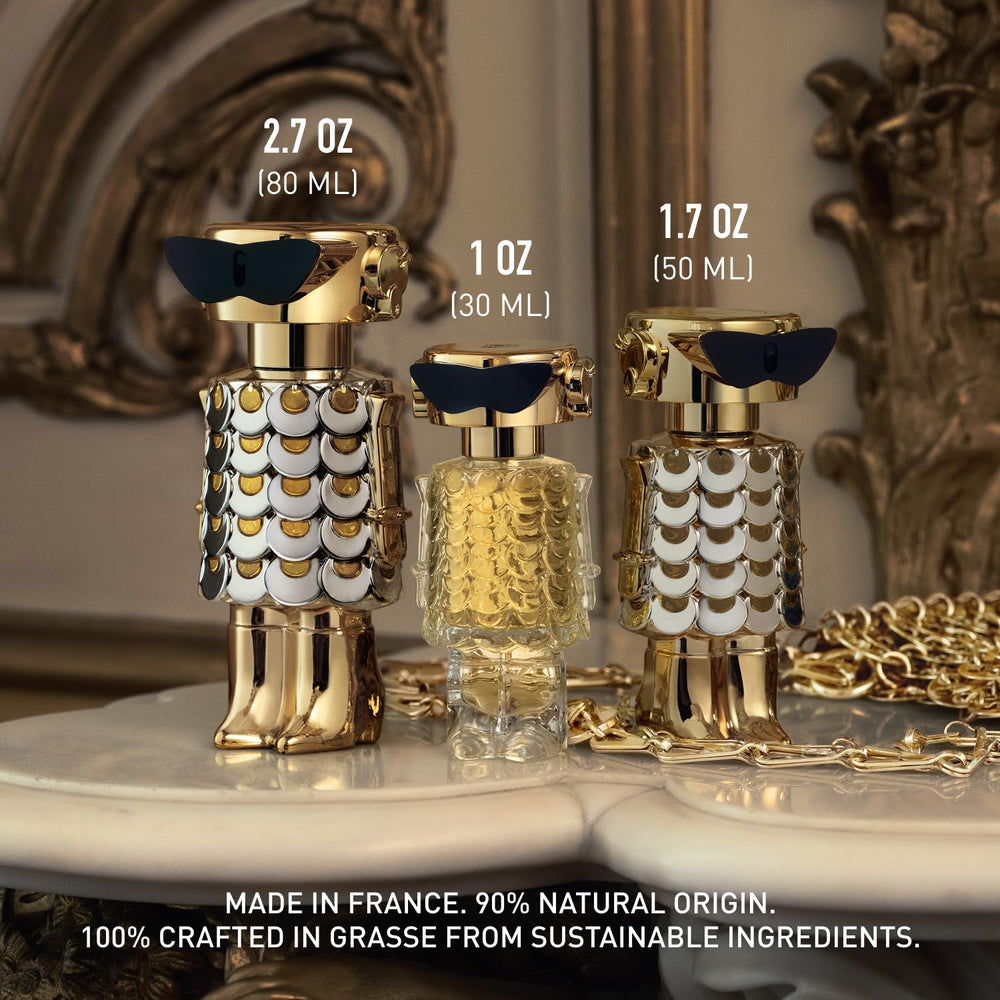Rabanne Fame on a vanity table under soft lighting.