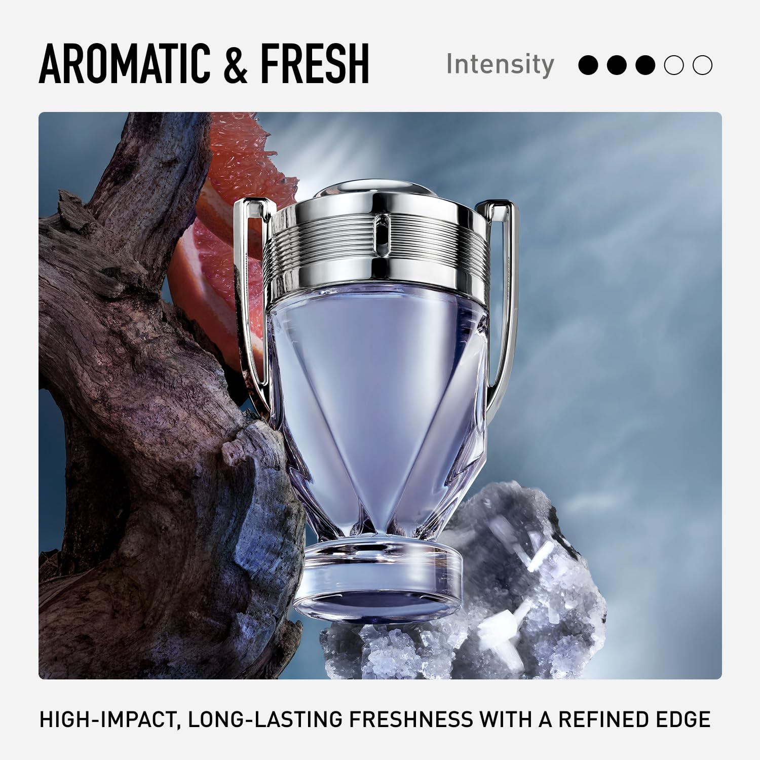 Rabanne Invictus bottle side profile showcases sculpted form and shelf presence.
