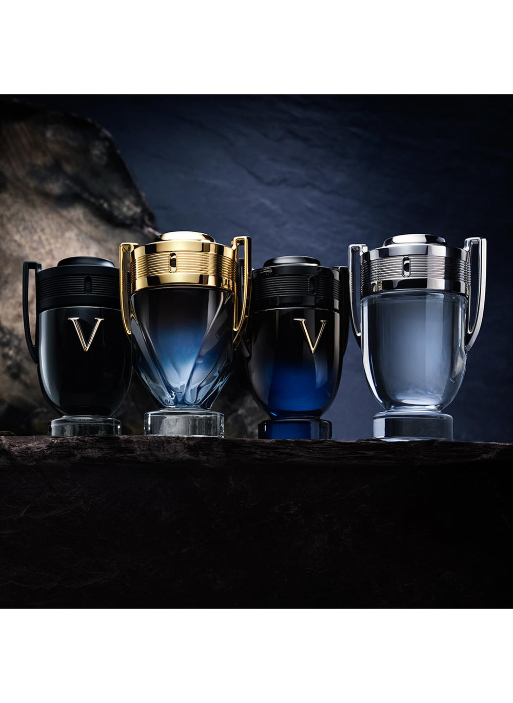 Deep blue trophy bottle reflects victory vibes and masculine strength for special occasions.