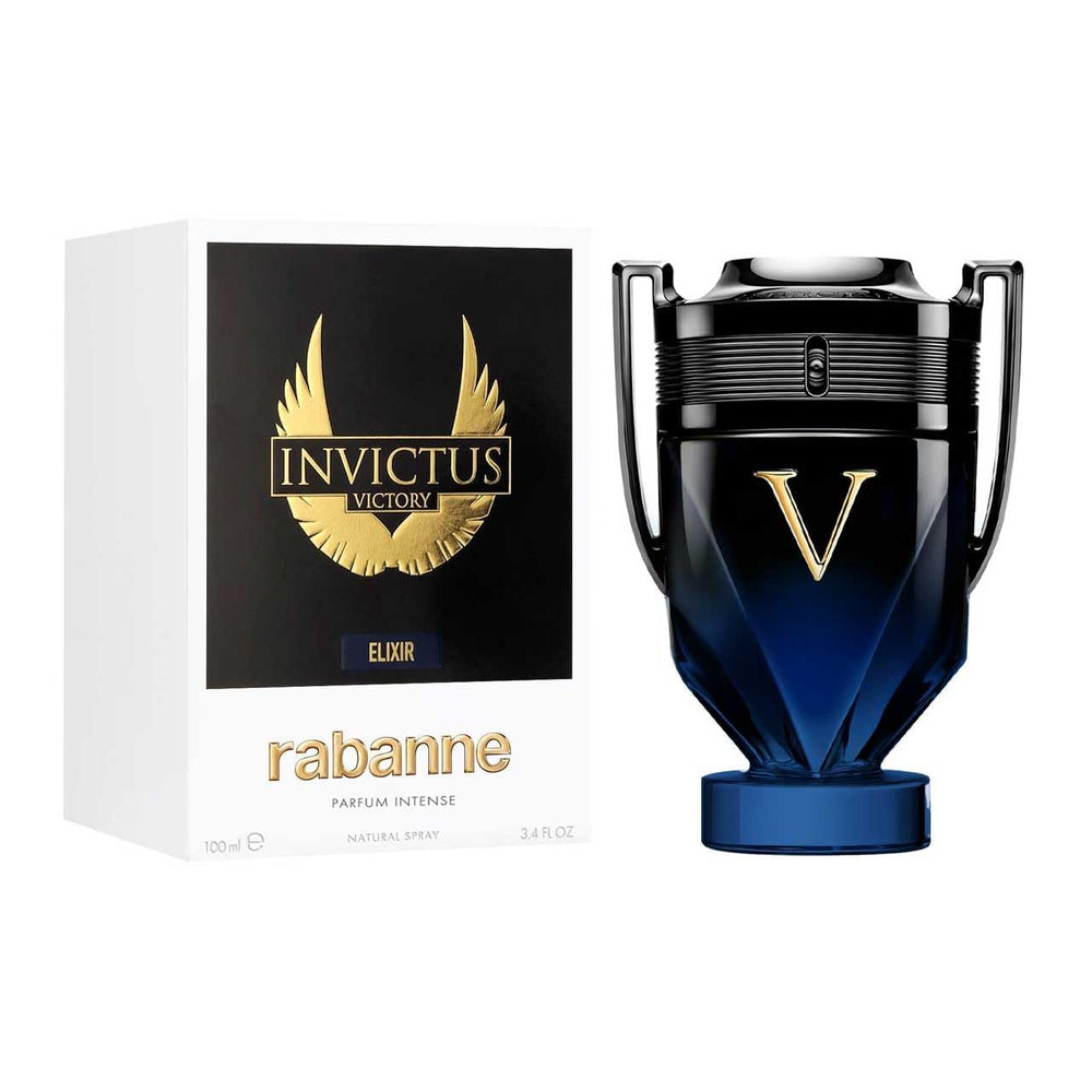 Rabanne Invictus Victory Elixir bottle front in bold trophy design for a masculine scent.