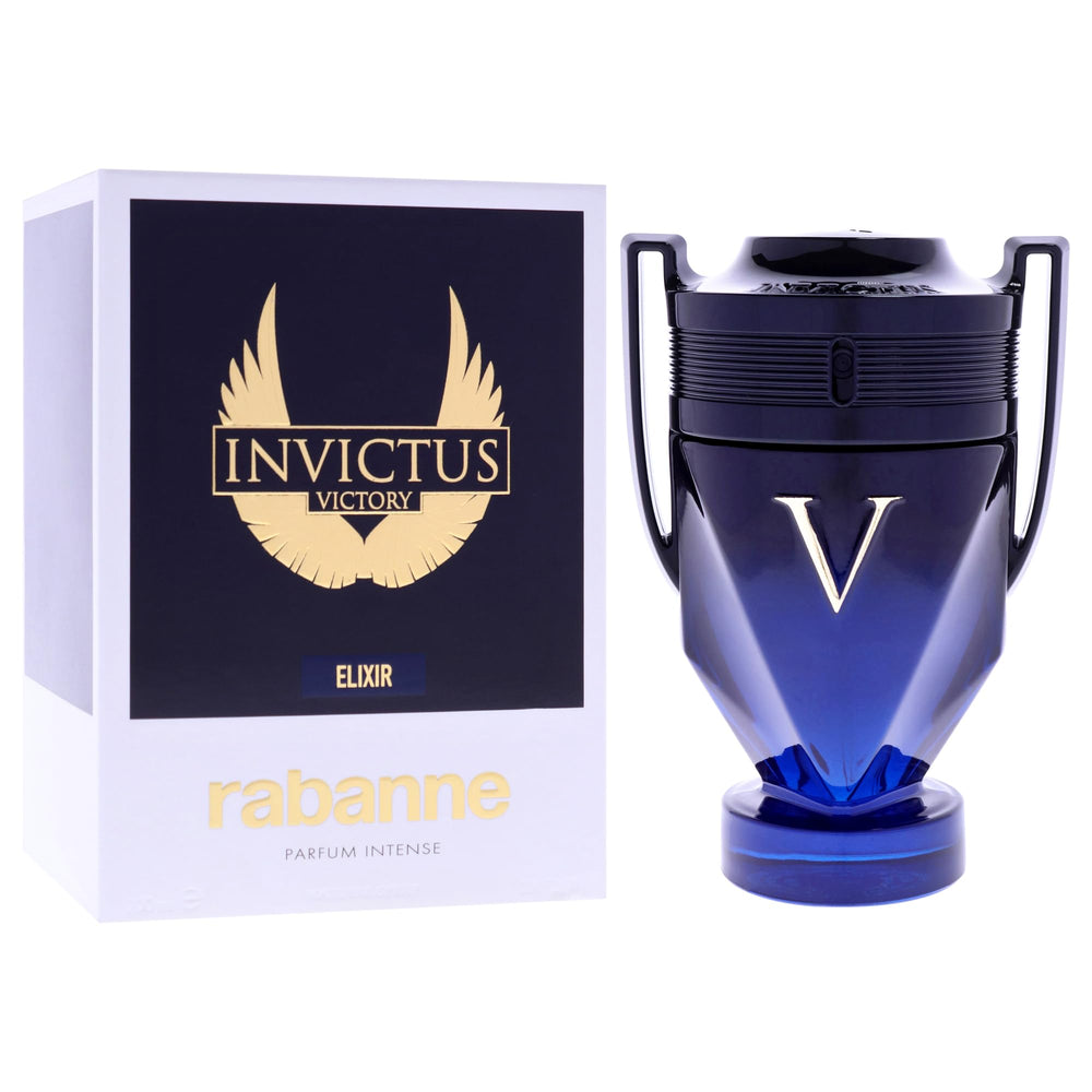 Rabanne Invictus Victory Elixir packaging closeup shows dark bottle with blue reflections.