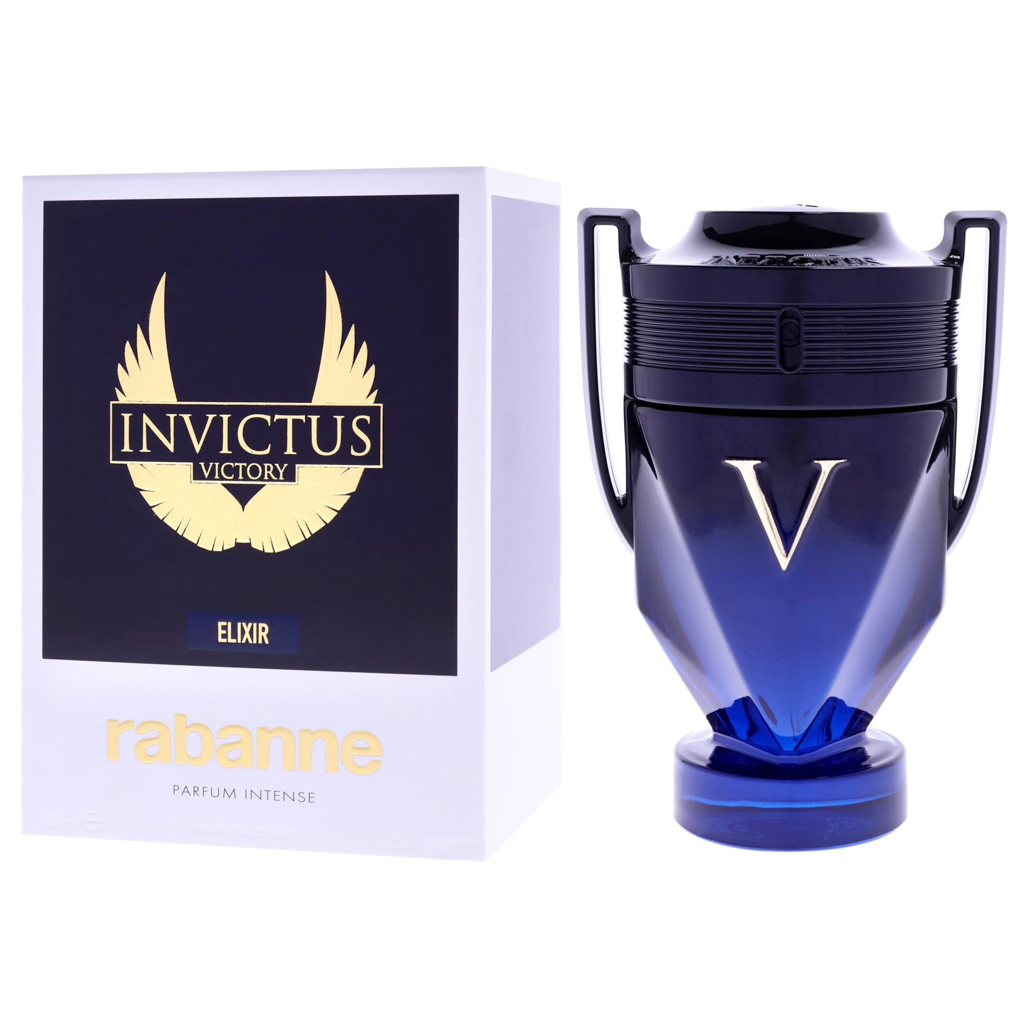Rabanne Invictus Victory Elixir trophy bottle stands as a bold display piece.