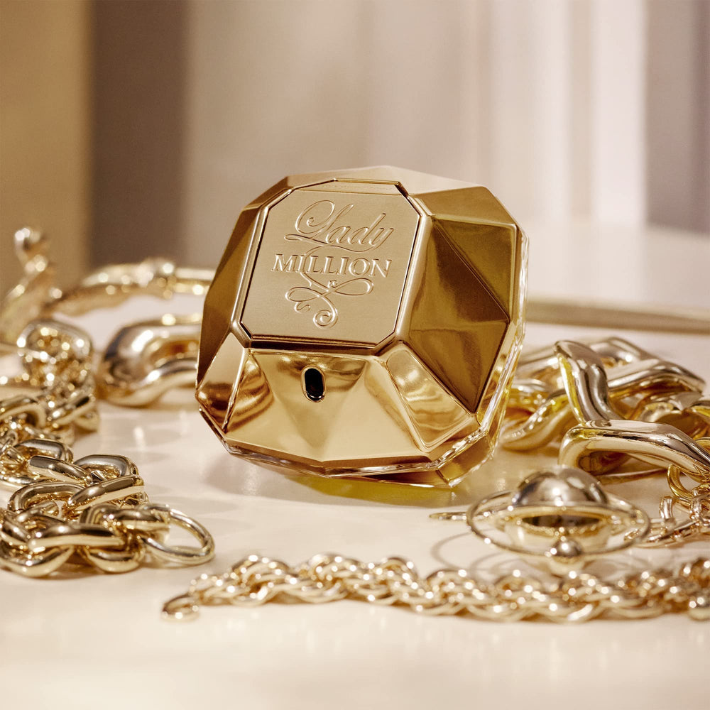 Rabanne Lady Million EDP bottle on mirror surface for glamorous night-out style