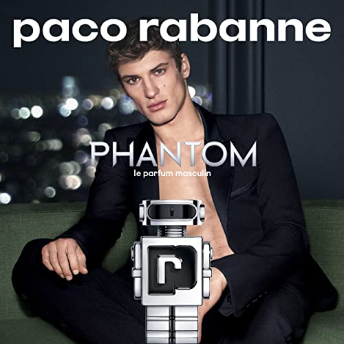 Rabanne Phantom logo on bottle enhances a confident, modern luxury feel.