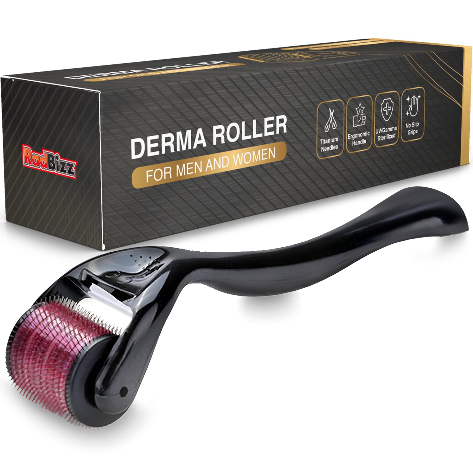 RadBizz Derma Roller close-up shows 0.25mm titanium needles for precise use