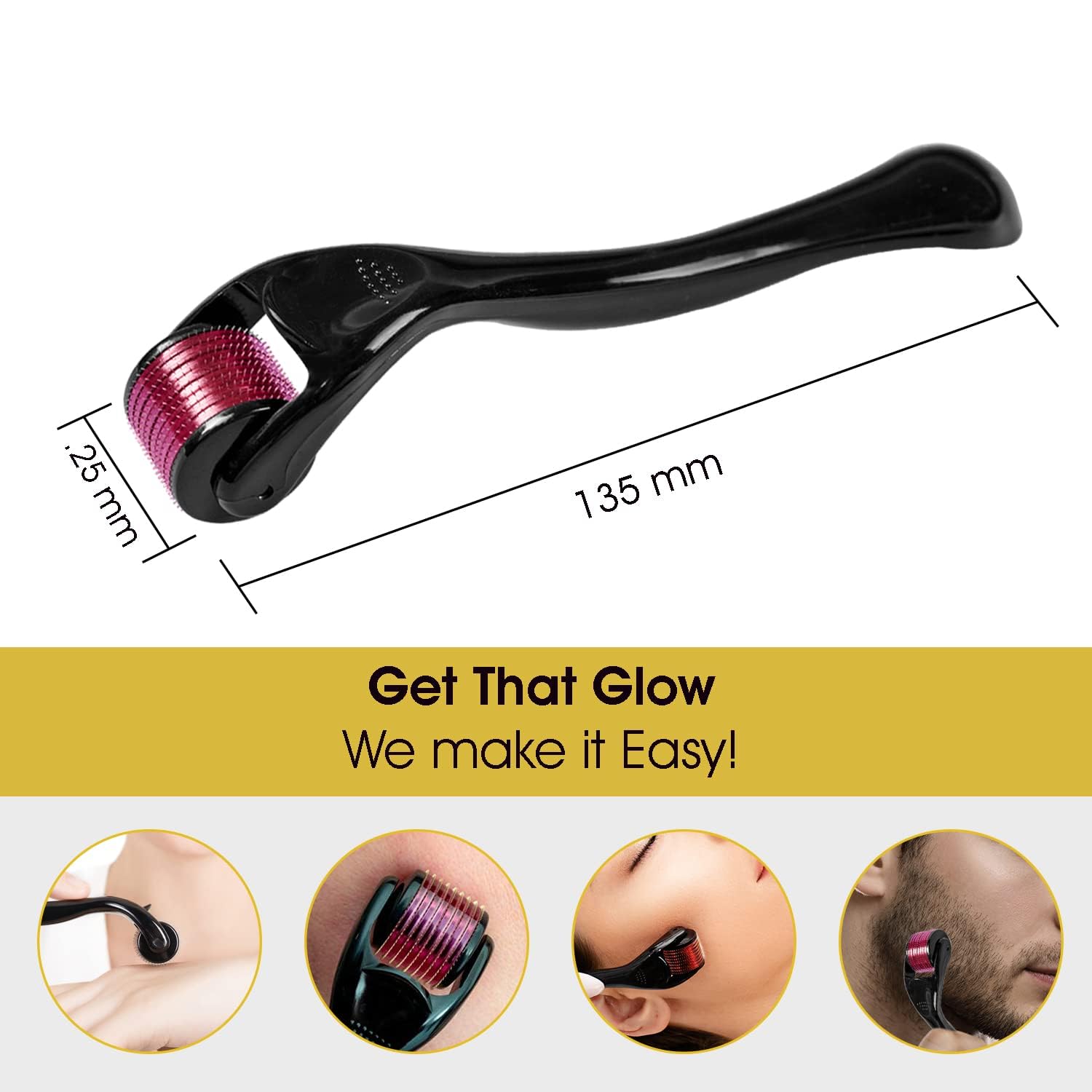 RadBizz Derma Roller in use on skin demonstrates careful rolling technique