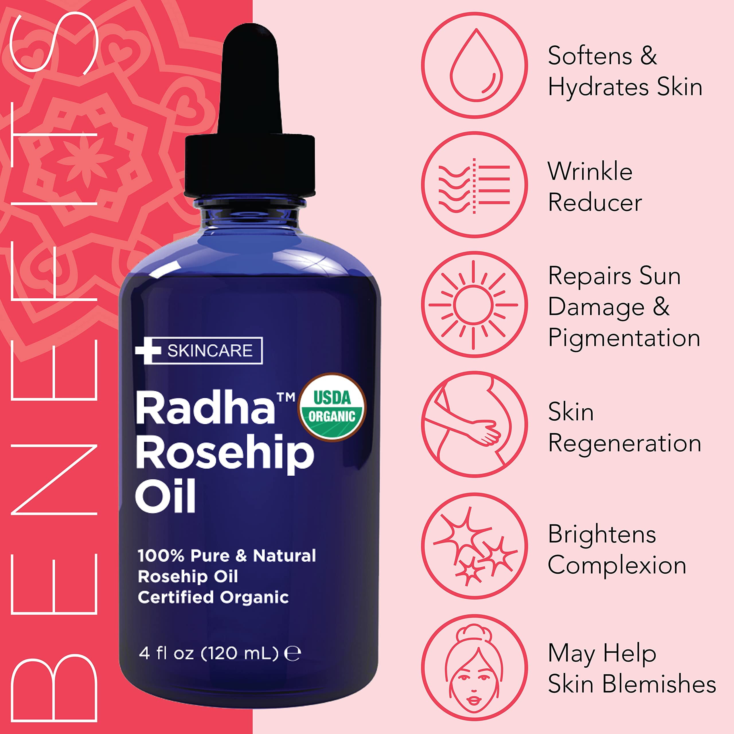 Radha Beauty aceite de rosa mosqueta, versátil para mezclar con tu rutina