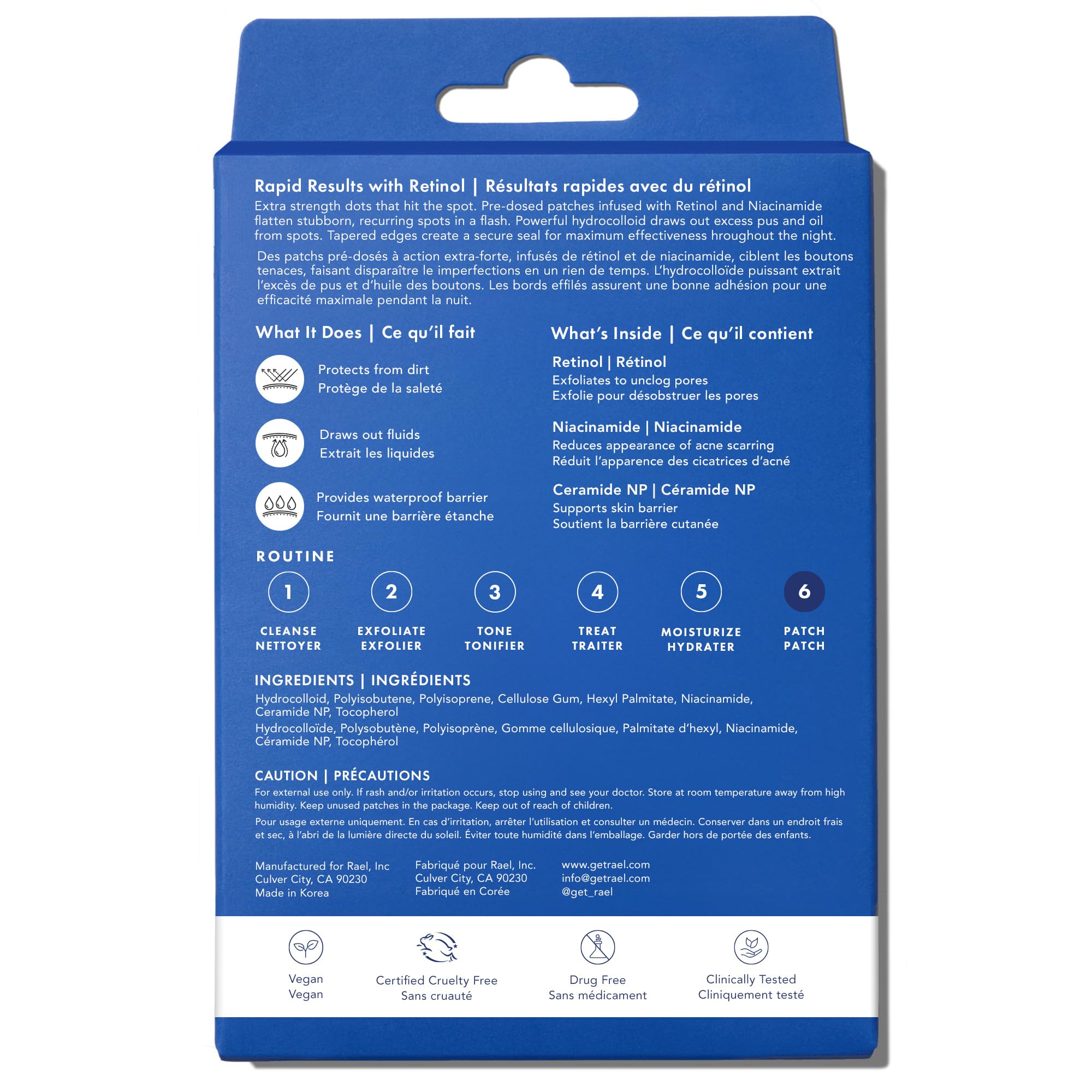 Rael pimple patches box highlights dermatologist tested calming daily routine.