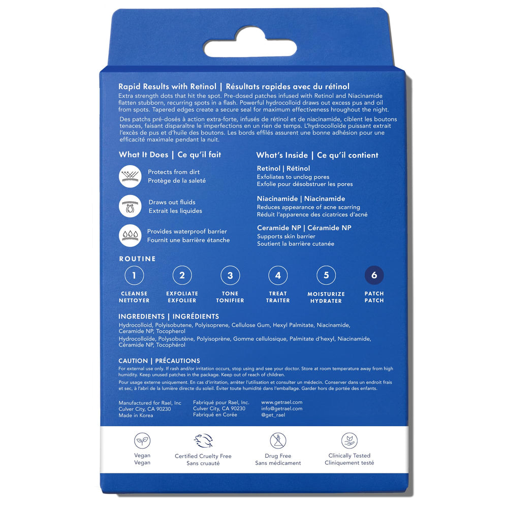 Rael pimple patches box highlights dermatologist tested calming daily routine.