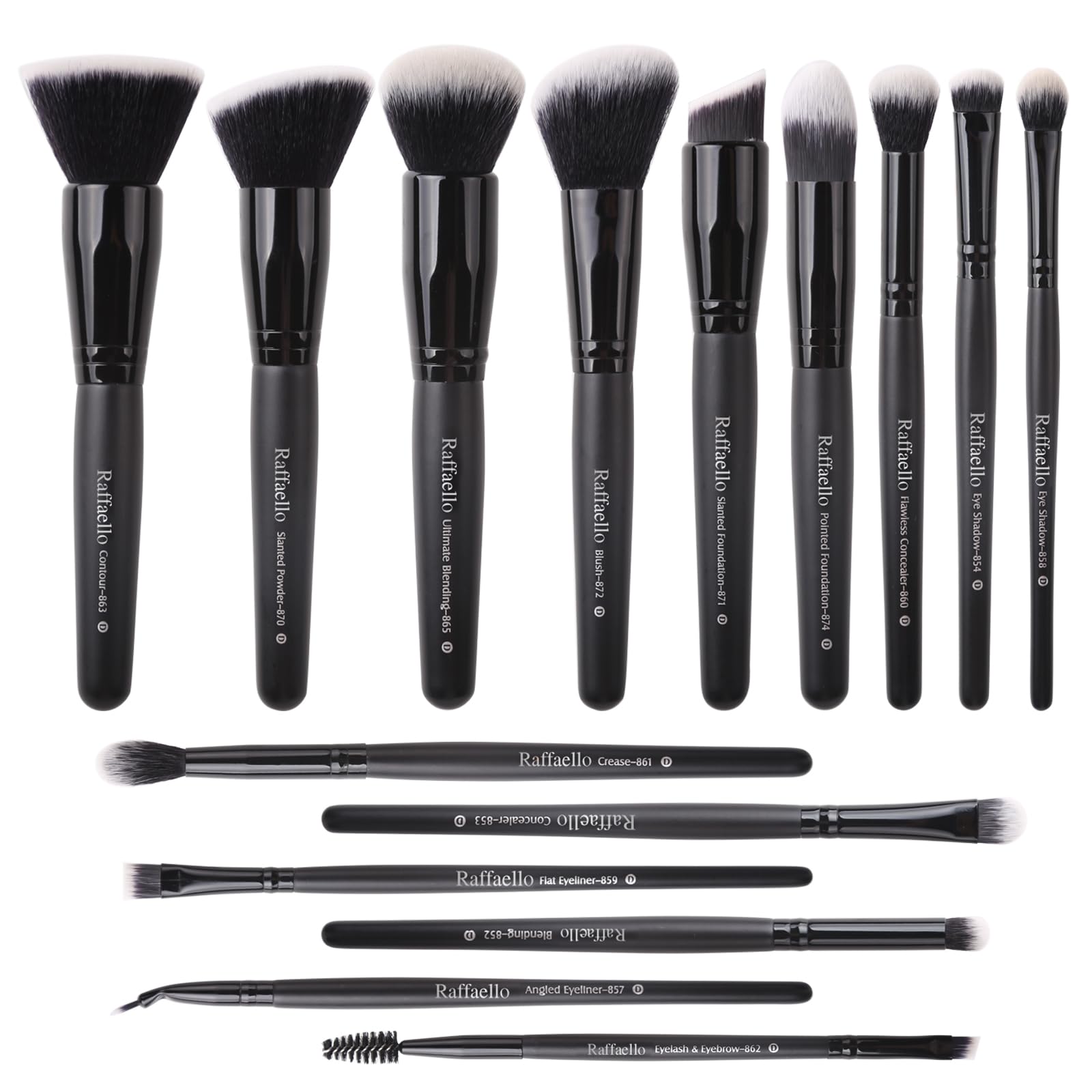 Raffaello 15-piece makeup brush set with soft synthetic bristles for even foundation and powder application.
