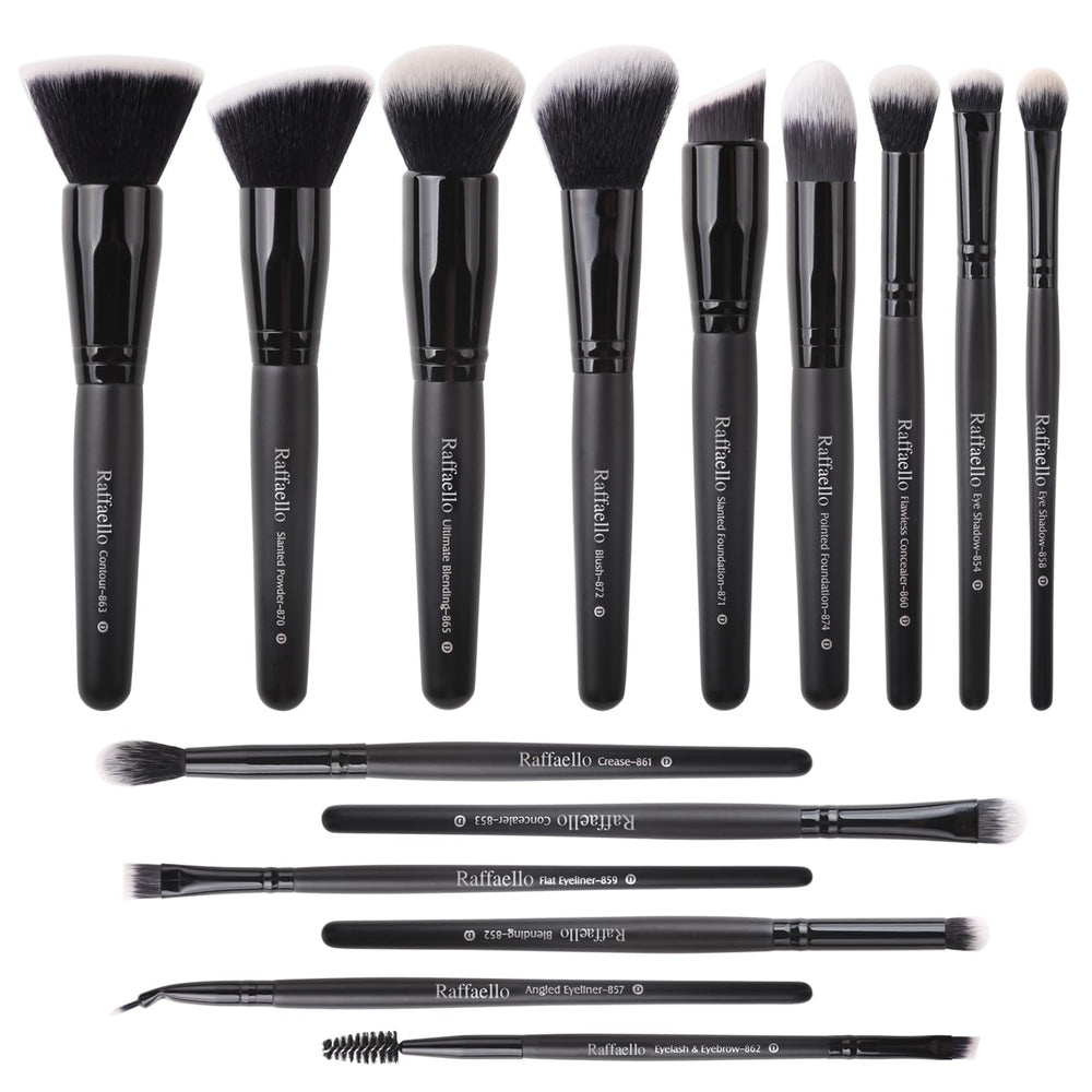 Raffaello 15-piece makeup brush set with soft synthetic bristles for even foundation and powder application.