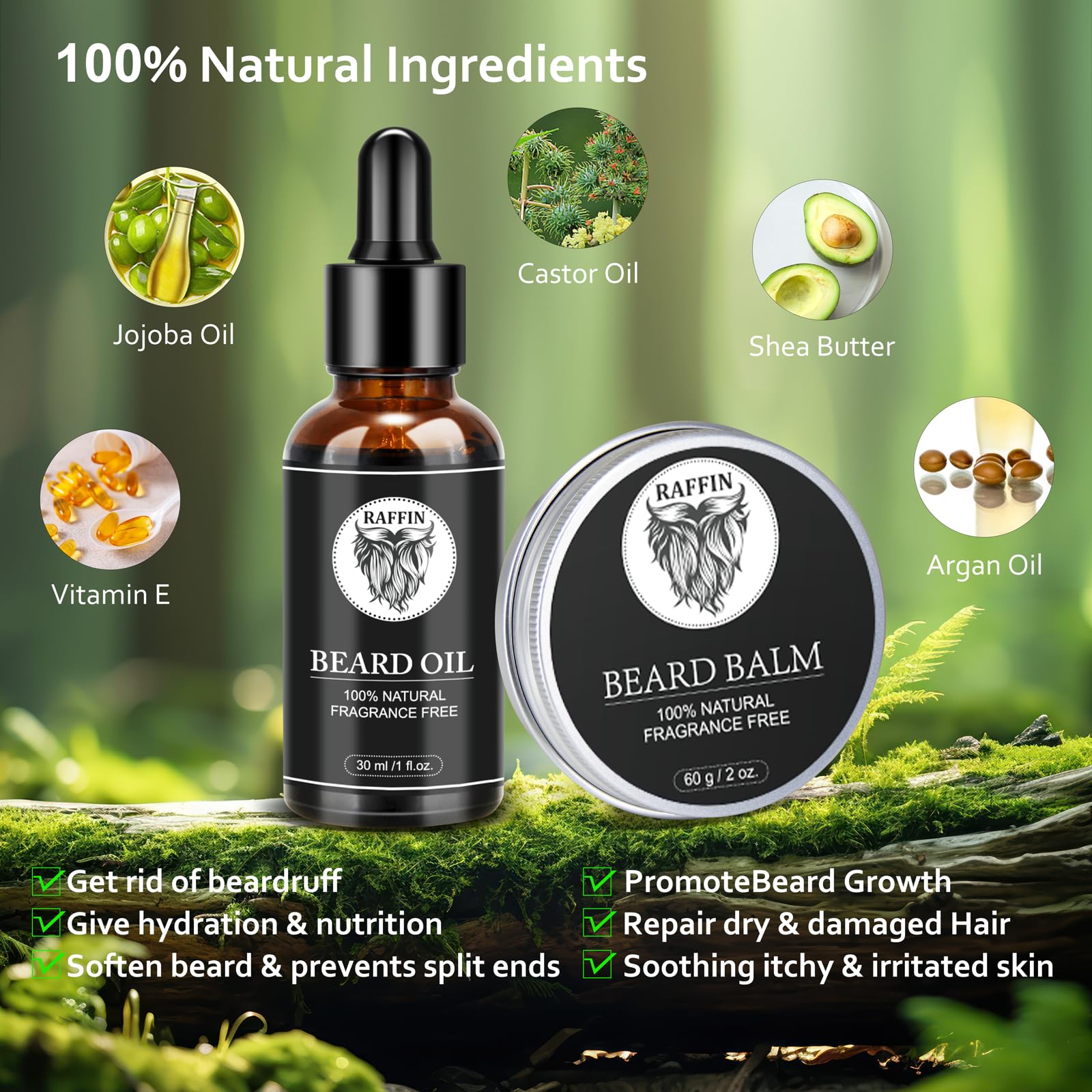 RAFFIN beard balm taming styling for a neat, non-greasy look.