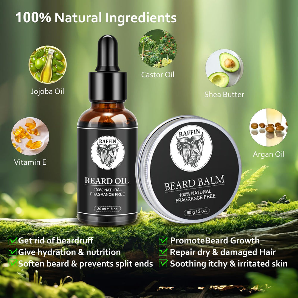 RAFFIN beard balm taming styling for a neat, non-greasy look.
