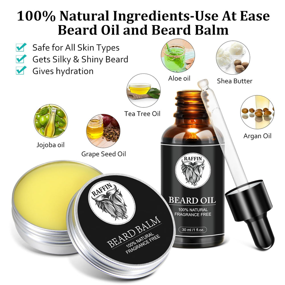 RAFFIN beard balm tube, provides light hold and controls flyaways.