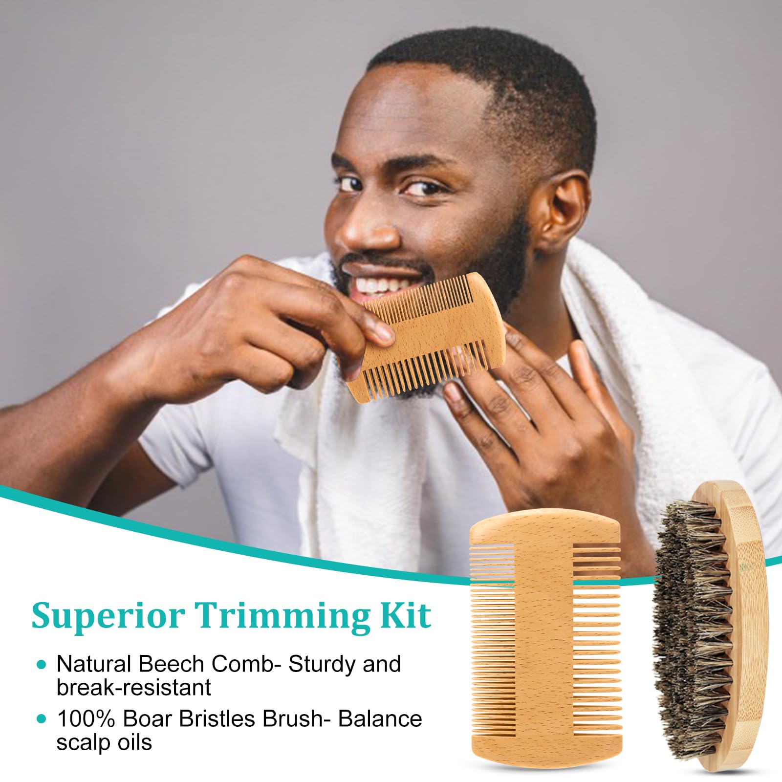 RAFFIN boar bristle brush, exfoliates skin and evenly distributes oils.