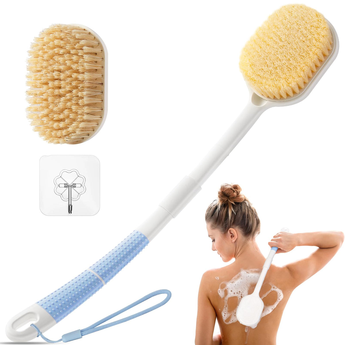 Rafow ergonomic back scrubber with arc handle for easier reach and control.