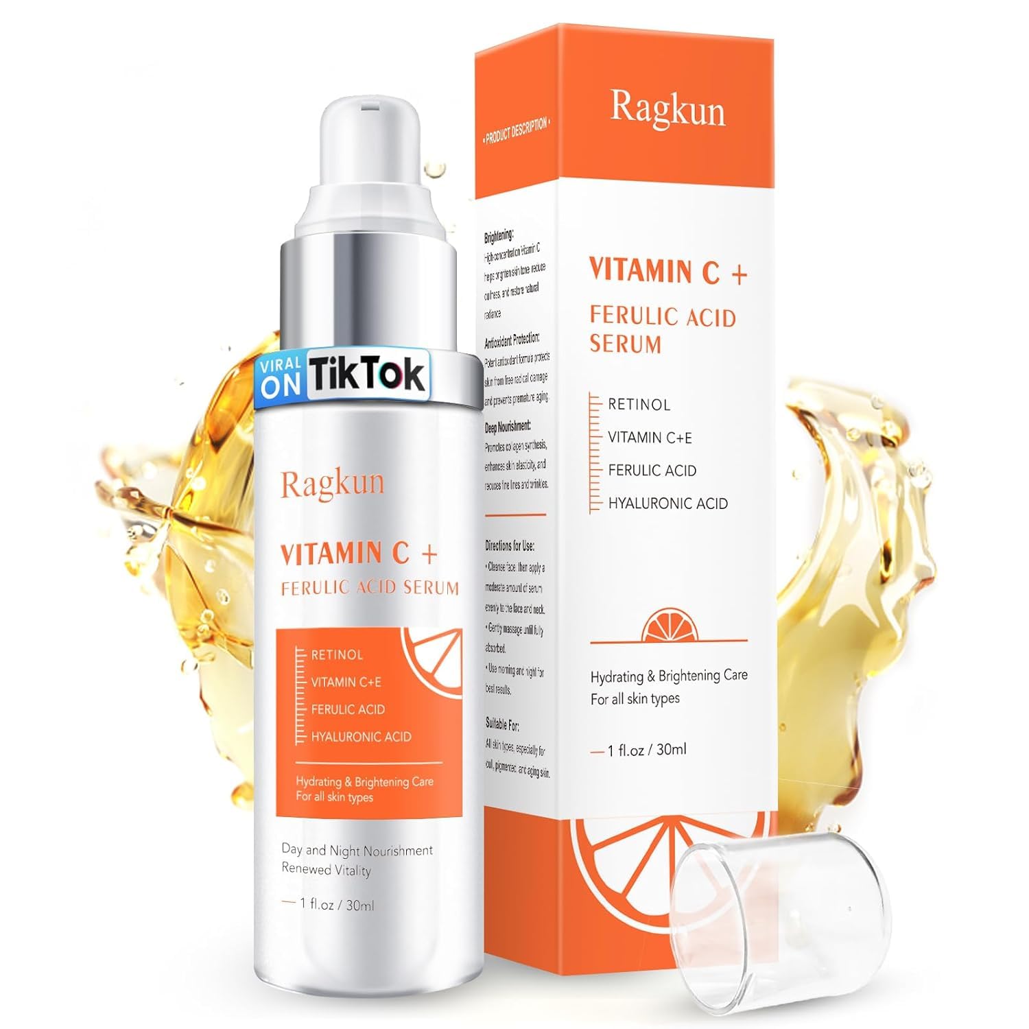 Ragkun Serum Vitamina C: botella visible para cuidado facial iluminador.