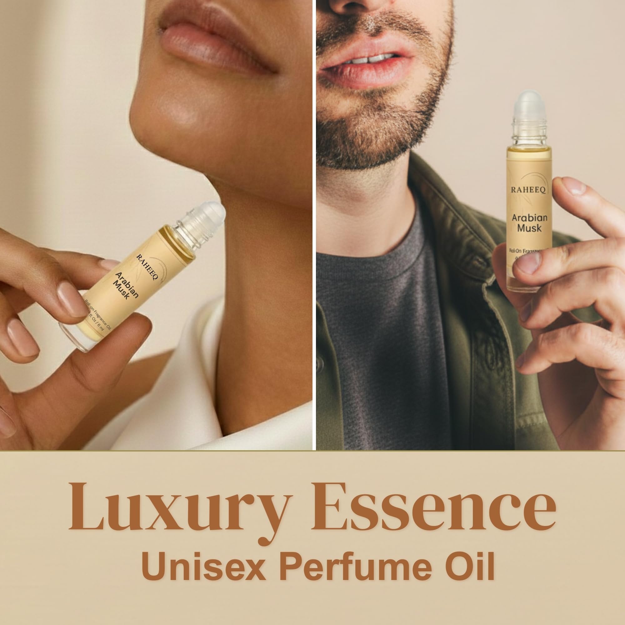 Raheeq alcohol-free perfume oil bottle emphasizing skin-friendly formula.