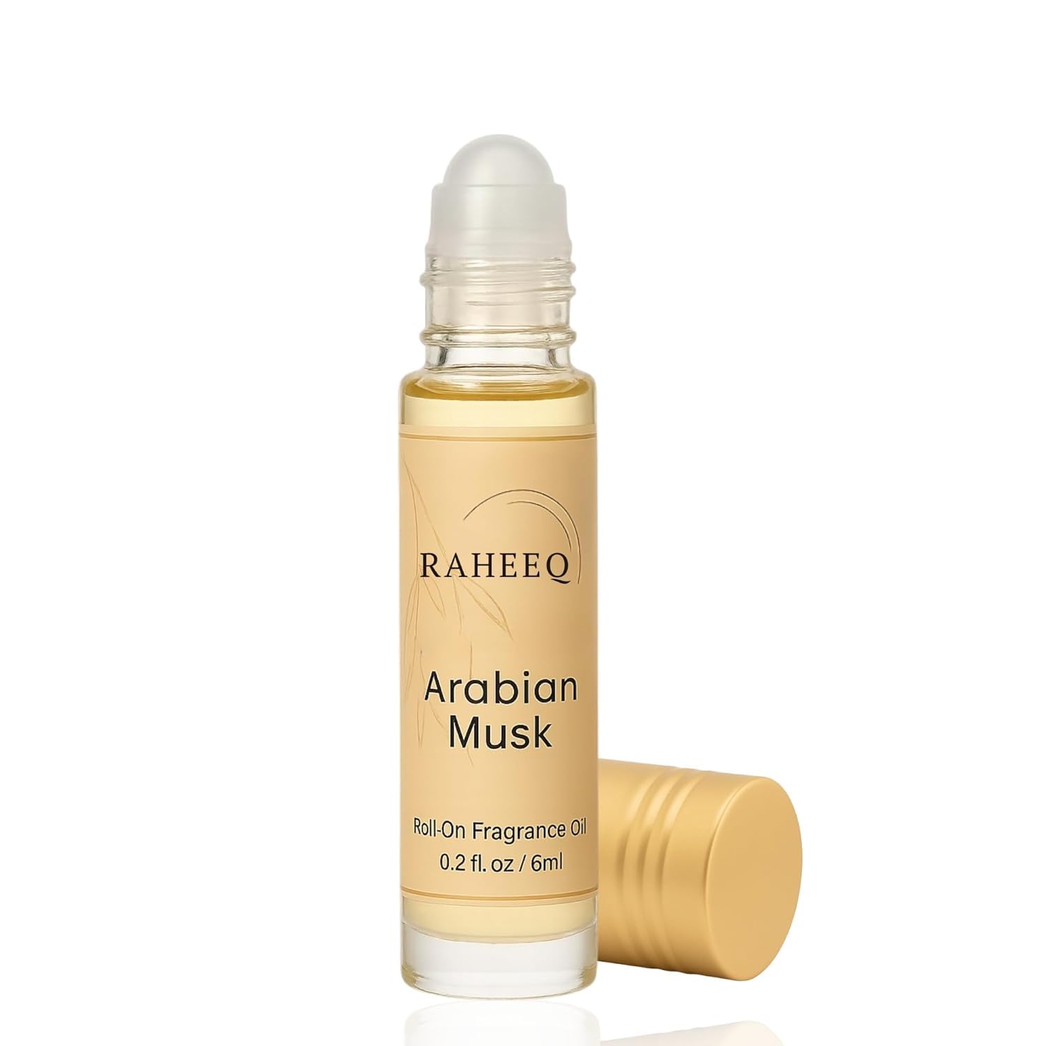 Raheeq Arabian Musk Perfume Oil bottle close-up highlighting premium, alcohol-free scent.