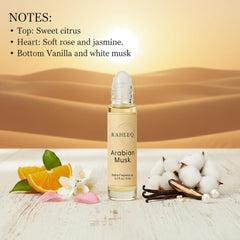 Raheeq White Musk Vanilla note close-up illustrating soft, skin-friendly aroma at pulse points.