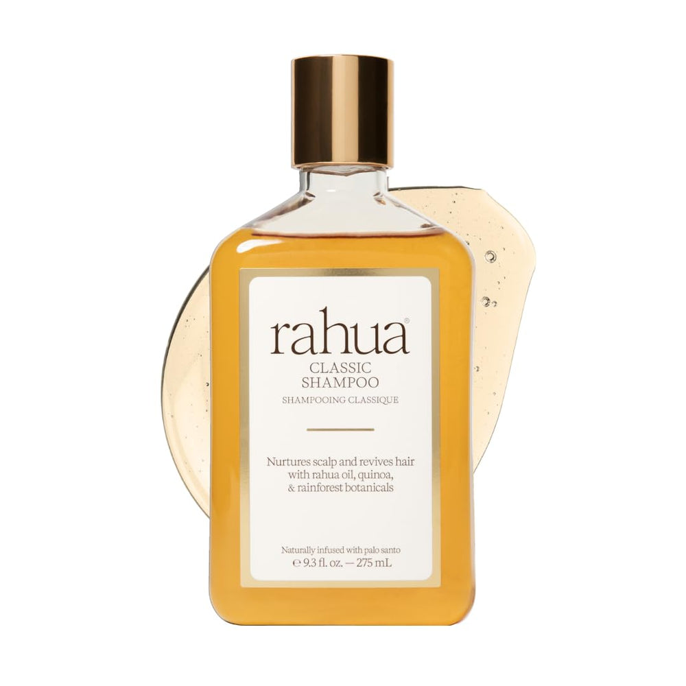 Rahua Classic Shampoo bottle with Palo Santo aroma promotes balanced scalp and hair vitality.