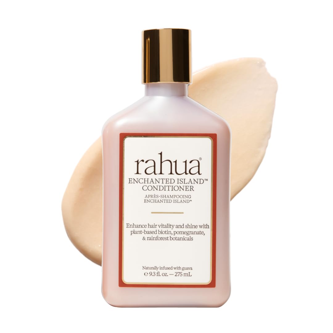 Rahua Enchanted Island Conditioner bottle highlighting vegan formula for all hair types and shine