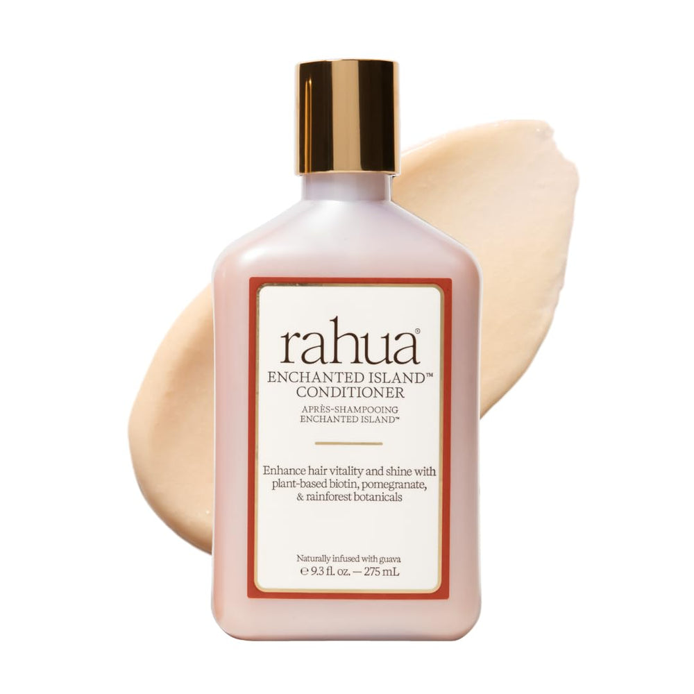 Rahua Enchanted Island Conditioner bottle highlighting vegan formula for all hair types and shine