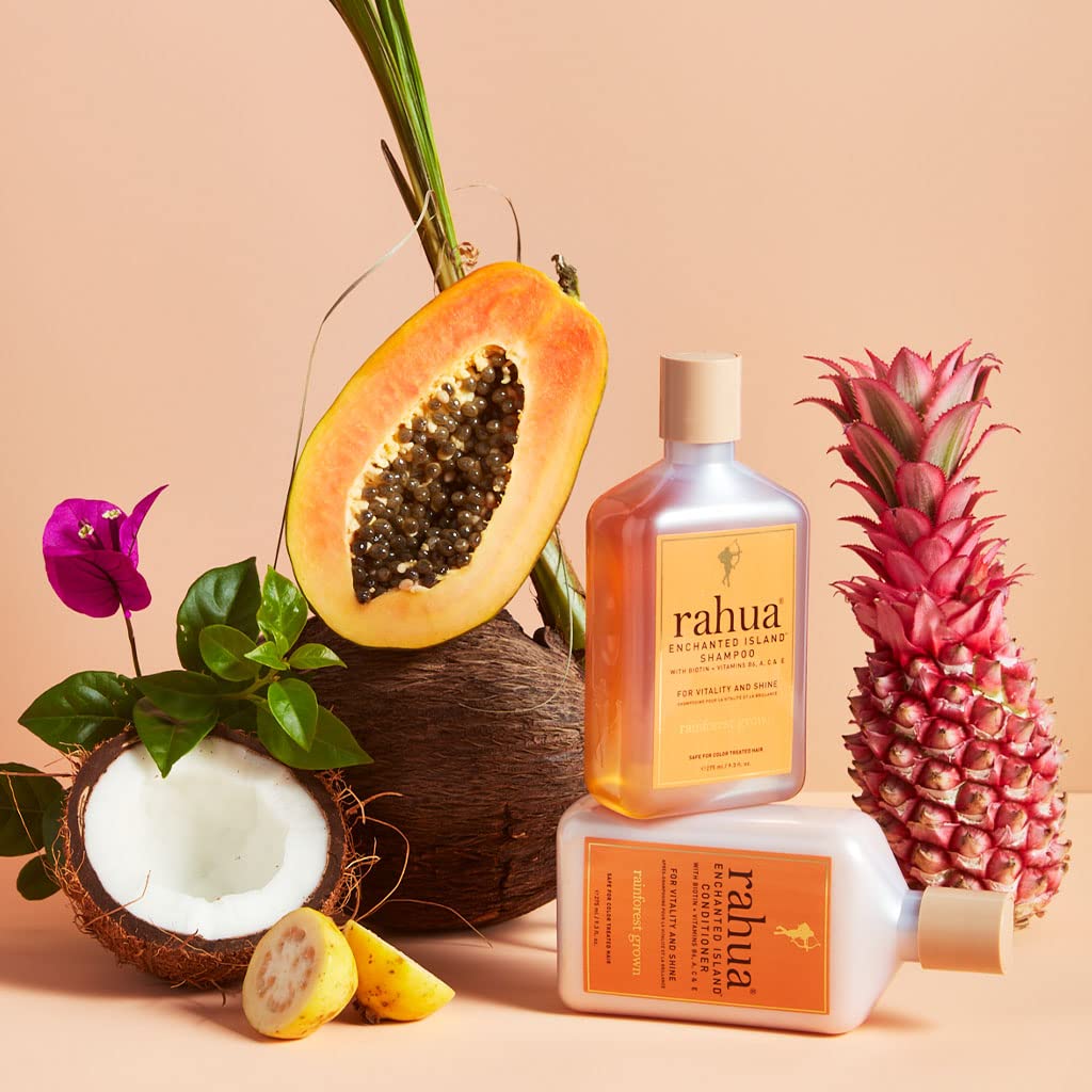 Rahua Enchanted Island Shampoo bottle on shelf suggests spa-like routine.