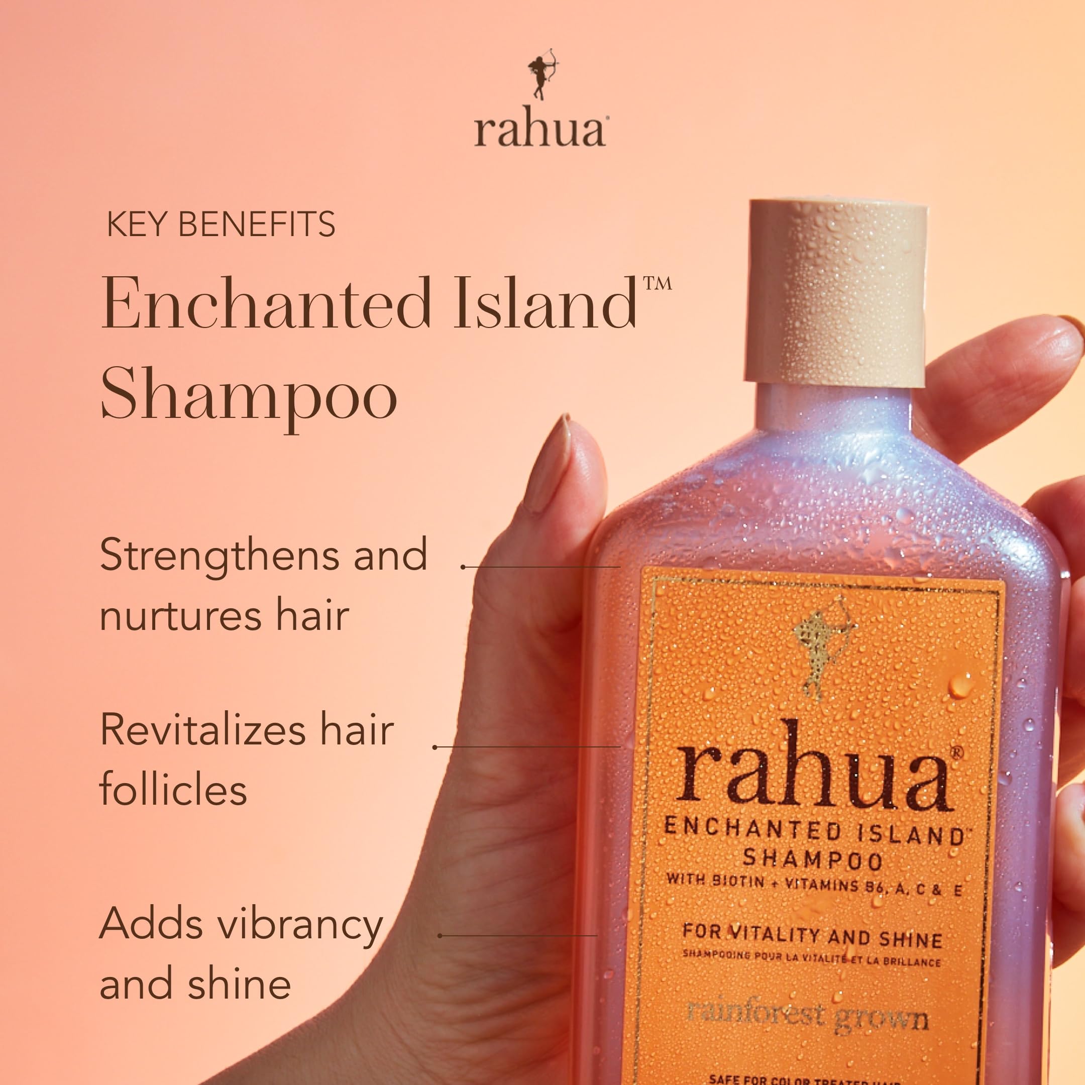 Rahua Enchanted Island Shampoo oil blend closeup shows nourishing botanicals.