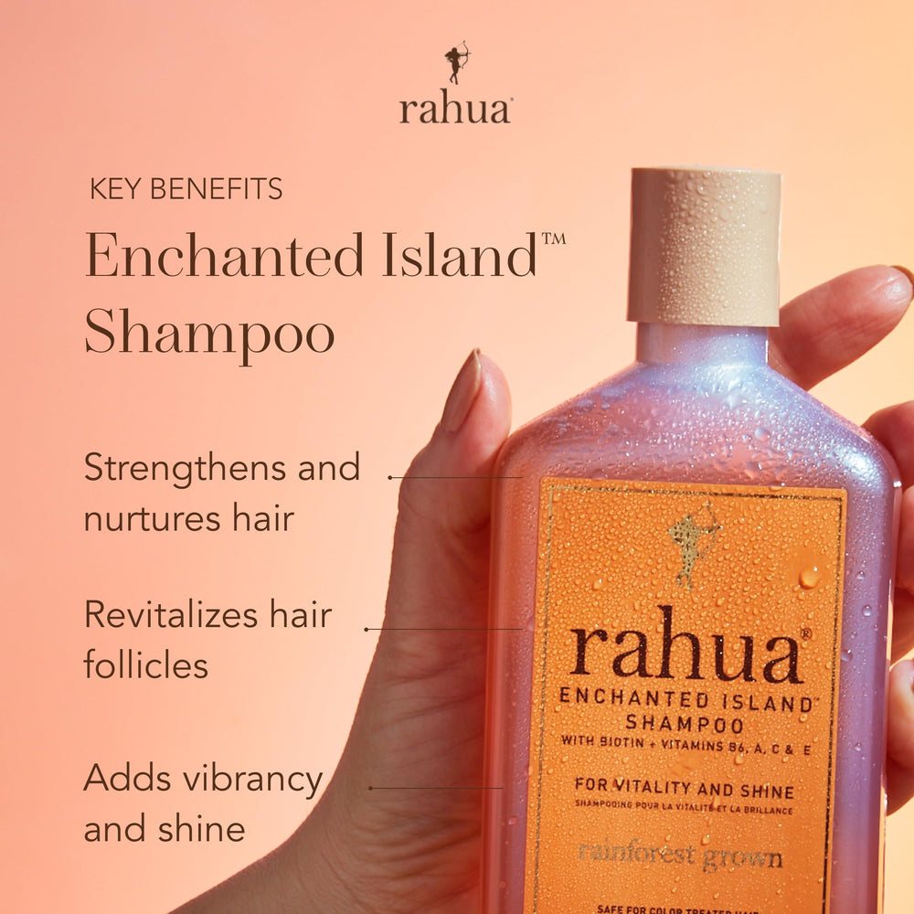 Rahua Enchanted Island Shampoo oil blend closeup shows nourishing botanicals.