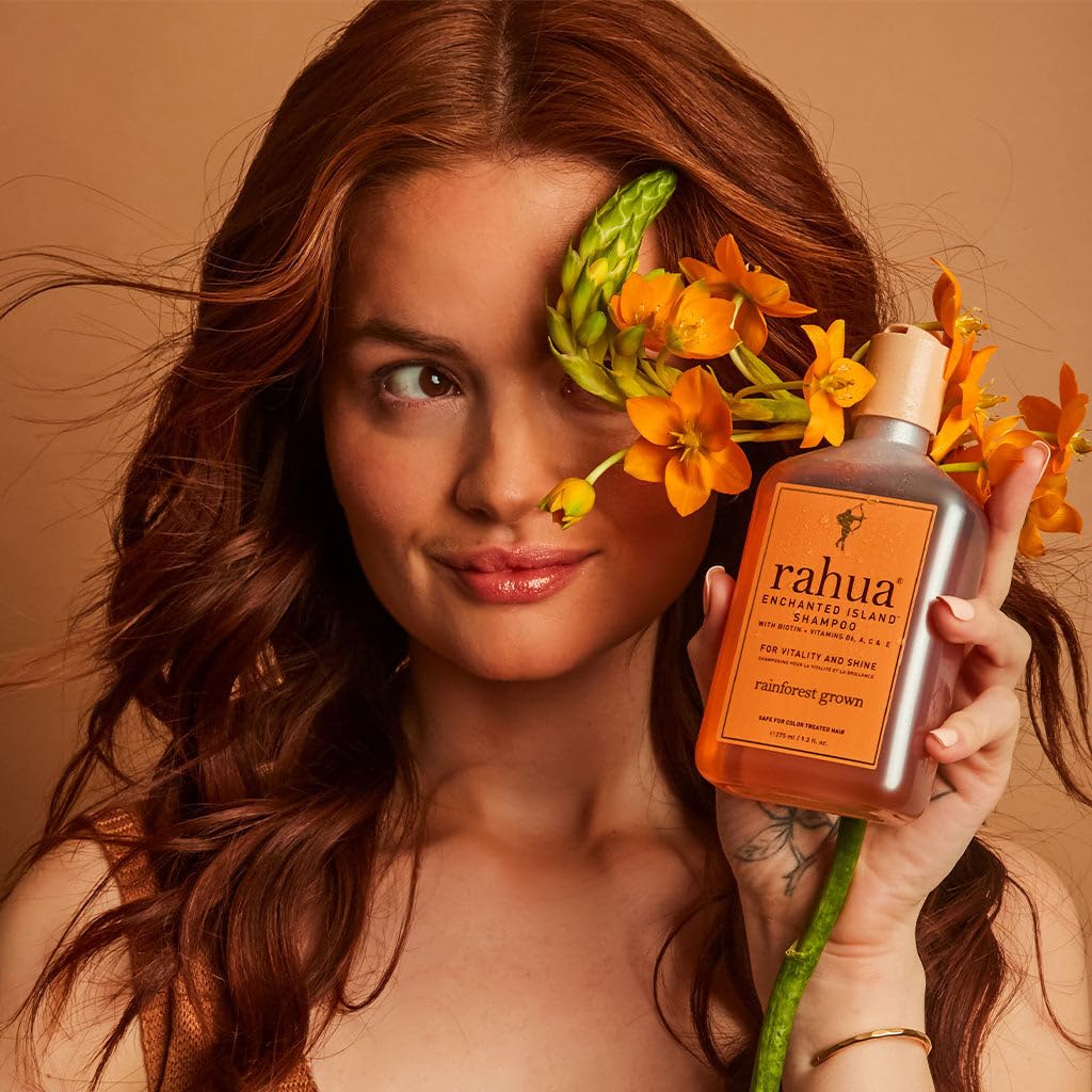Rahua Enchanted Island Shampoo rinse steam evokes refreshing wash.