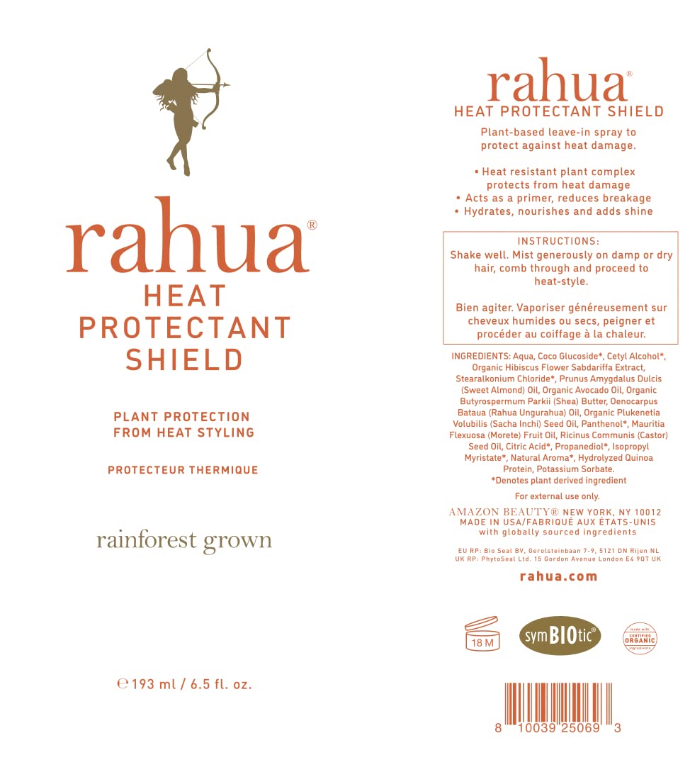 Rahua rainforest sustainability note accompanies each shield bottle.