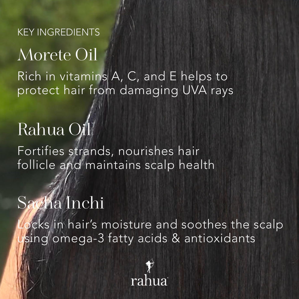 Closeup of Rahua Hydration Shampoo ingredients with oils and botanicals