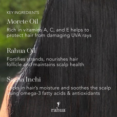 Closeup of Rahua Hydration Shampoo ingredients with oils and botanicals